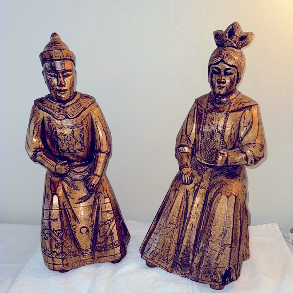 Buddha & Wife Ornate Wood Gold Figurine Set